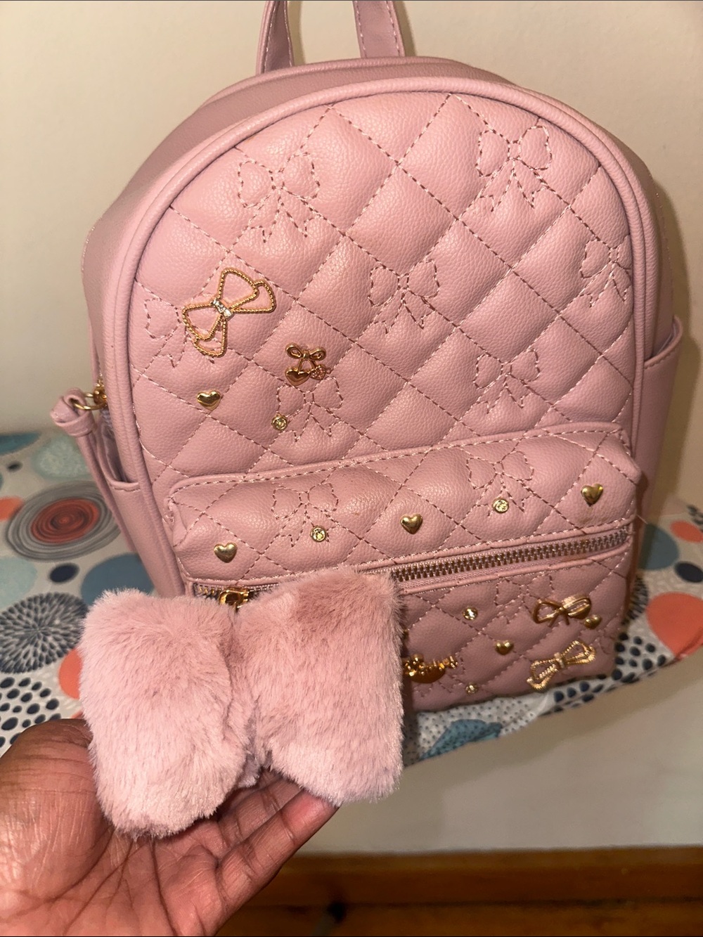 Kids Pink Quilted Bow Accent Backpack